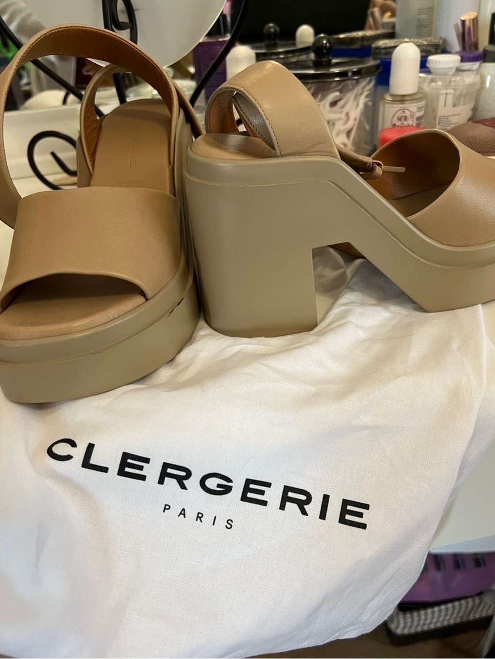Robert Clergerie Beige/Tan Chunky Platform Slingback Sandals